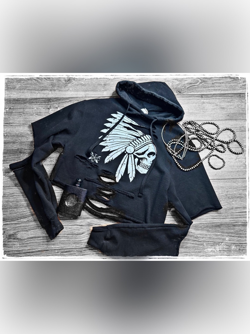 Black Graphic Distressed Crop Hoodie with Skull Headdress